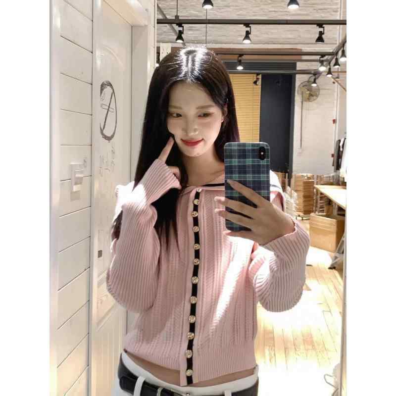 ニットカーディガン レディース ピンク系 配色 襟付き 長袖 飛飛袖 ゆったり かわいい 伸縮性 秋 通勤..