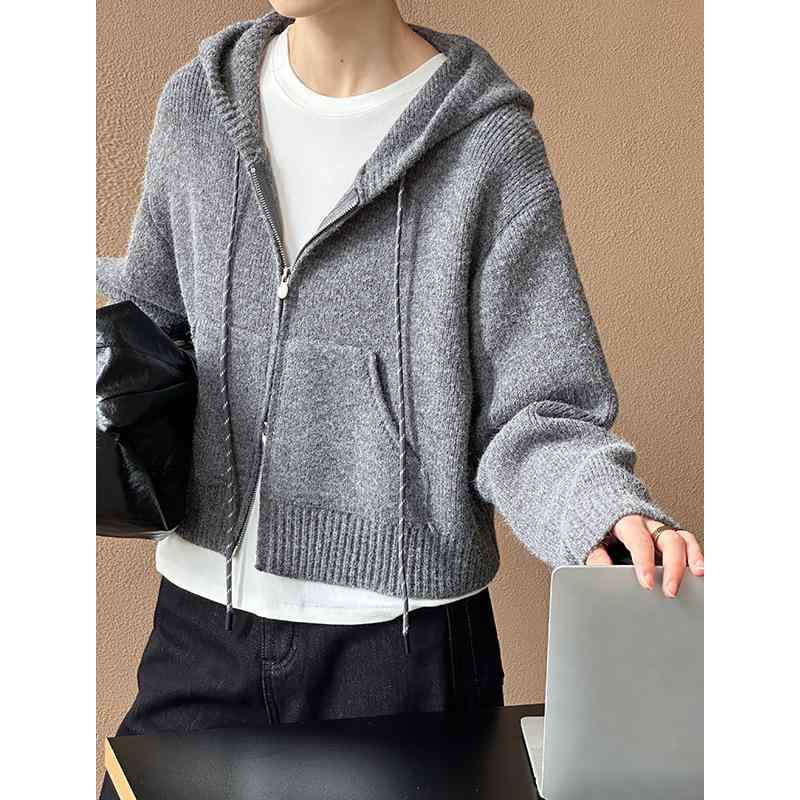 ニット レディース ニットカーディガン 長袖 ポリエステル フード付き 日韓風 カジュアルスタイル アン..