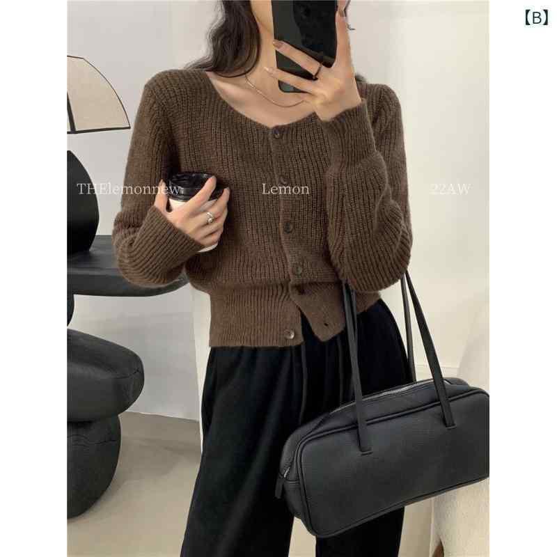 ニットカーディガン レディース 秋冬 スクエアネック ショート丈 無地 ゆったり 羽織り トップス カジ..