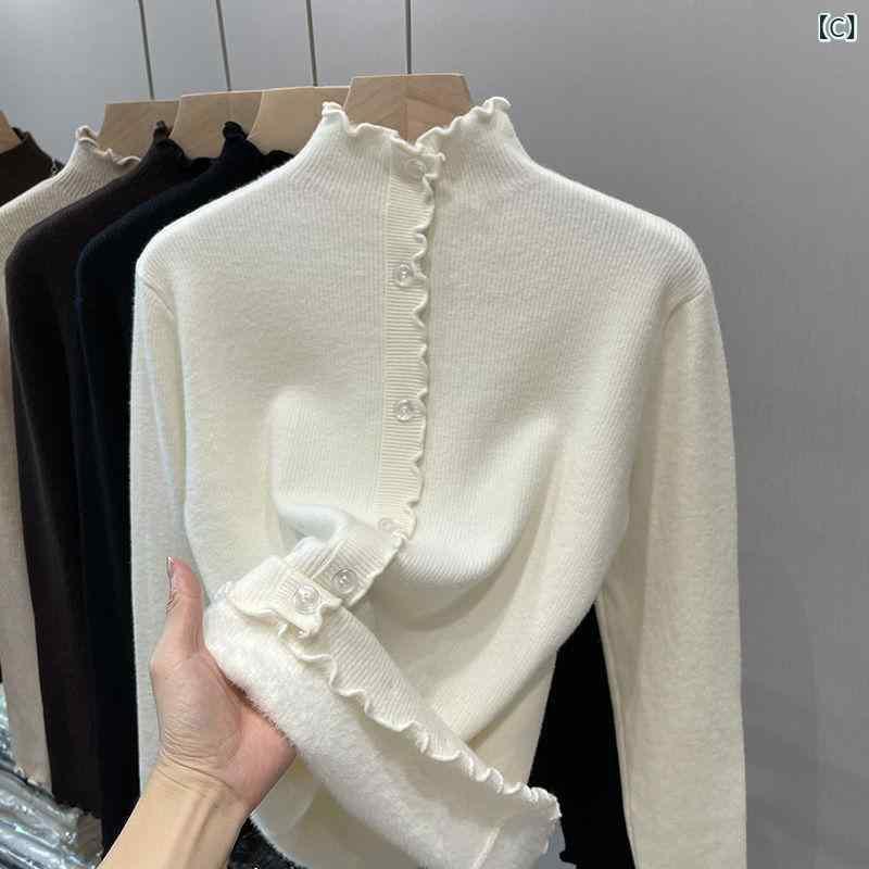 ニット レディース 秋冬 トップス 長袖 プルオーバー 半高ネック 無地 あったか 裏起毛 伸縮性 カジュ..