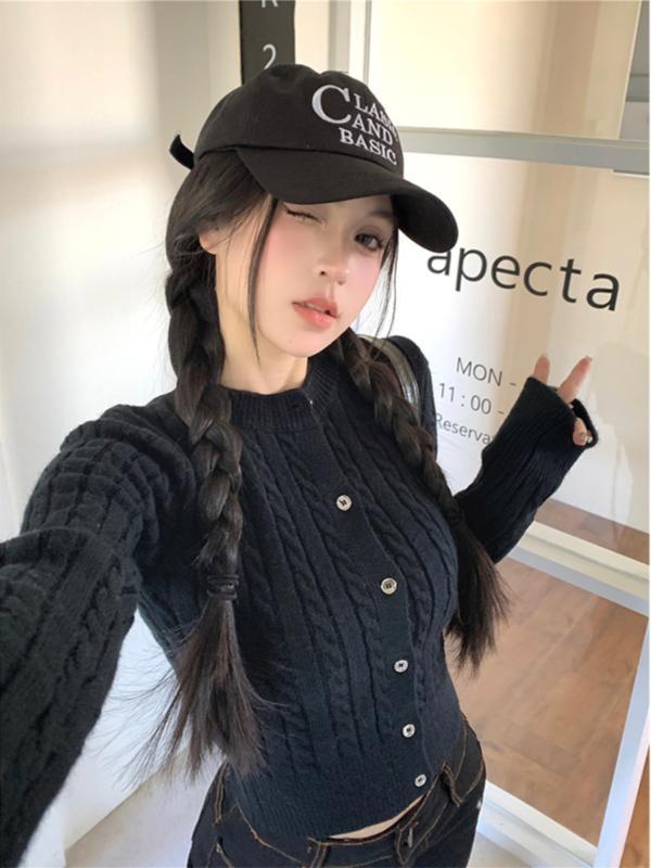 ニット レディース カーディガン 黒 ブラック ショート丈 ケーブル編み 長袖 ラウンドネック スリム タ..