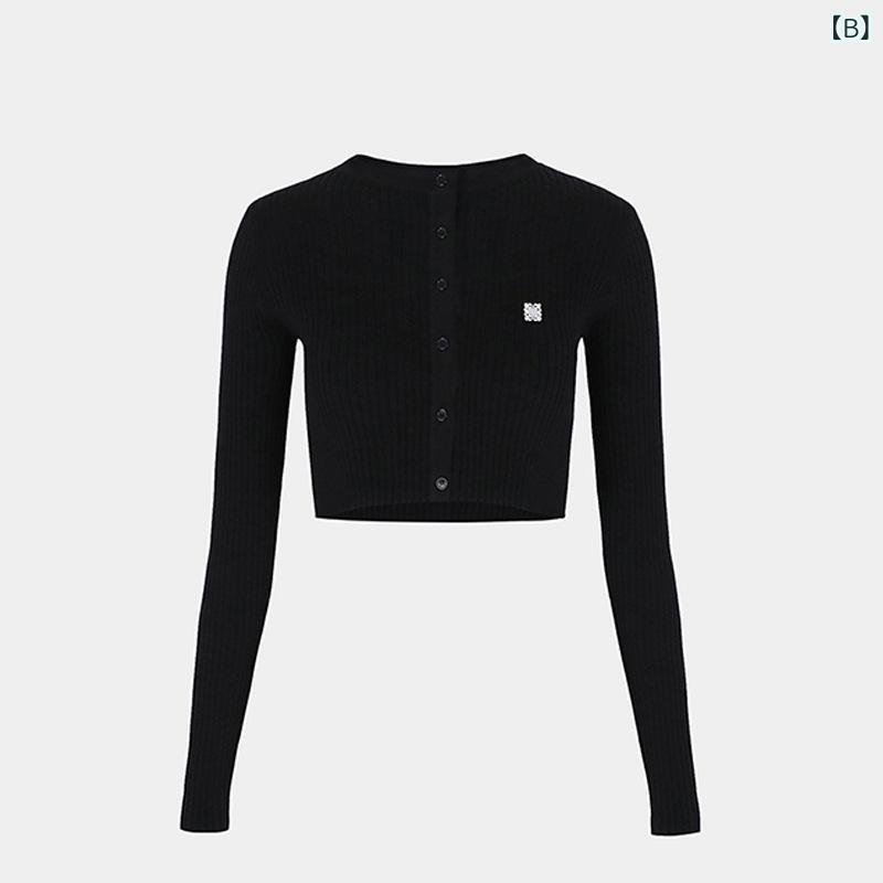 ニット レディース カーディガン へそ出し トップス 長袖 コットン混紡 刺繍入り 秋 ラウンドネック ス..