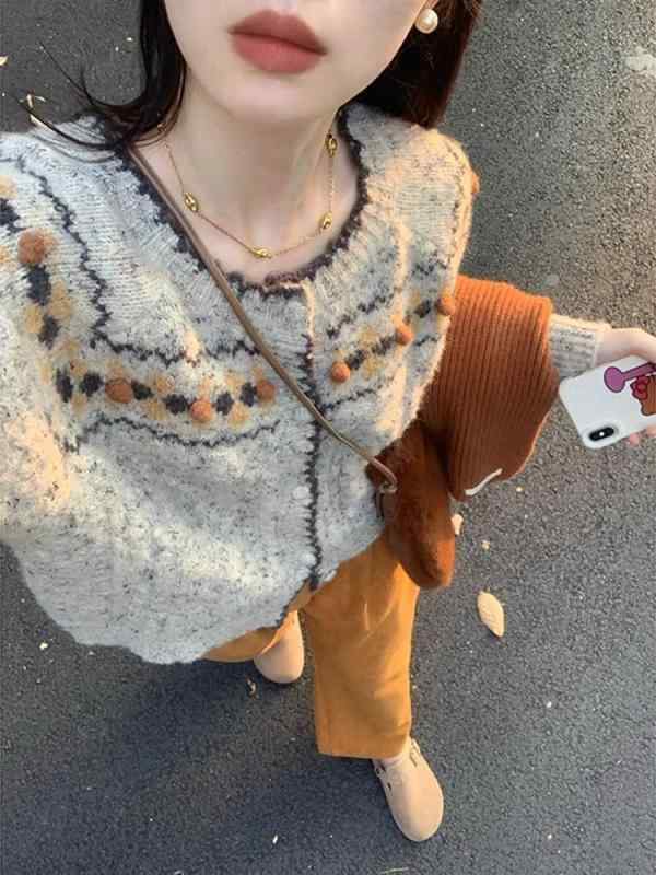 ニット レディース フェアアイル柄 カーディガン 秋冬 ラクーンブレンド ゆったり 厚手 長袖 ニットカーディガン アウター トップス