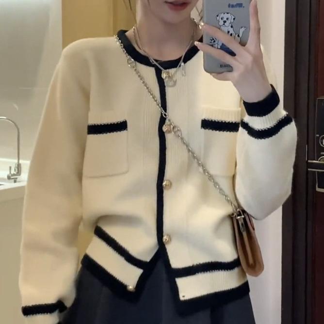 カーディガン レディース 小香風 デザイン ニットカーディガン メリノウール ポリエステル混紡 長袖 PO..