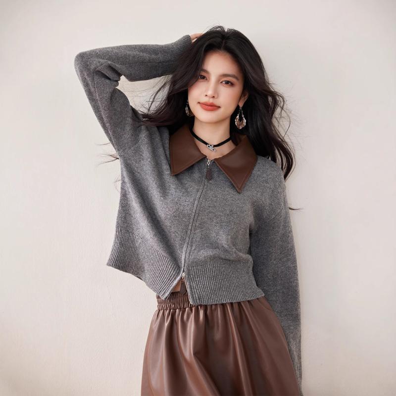 ニットカーディガン レディース 韓国風 レトロ 切り替え レザー POLOネック 長袖 ショート丈 灰色 秋冬..