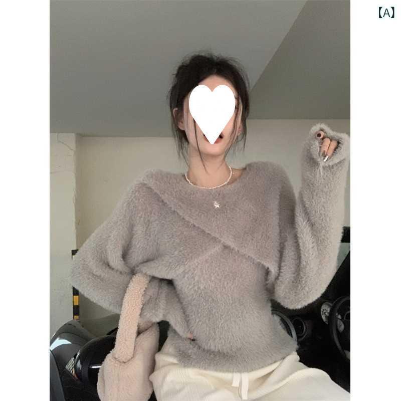 ニット レディース ショート丈 秋冬 厚手 不規則 長袖 トップス プルオーバー ニットソー アクリル 無..