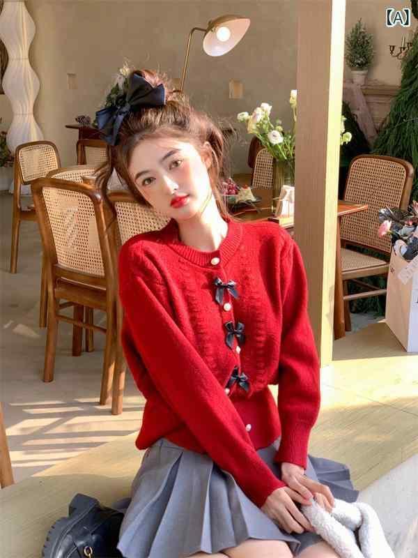 カーディガン レディース ニット 丸首 蝶結び 長袖 ショート丈 赤 白 秋冬