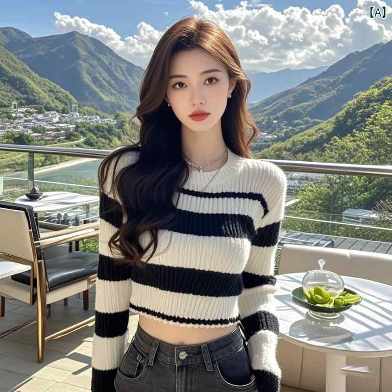 ニット レディース 秋物 ストライプ 配色 丸首 長袖 ショート丈 伸縮性 ストレッチ やわらかい かわい..