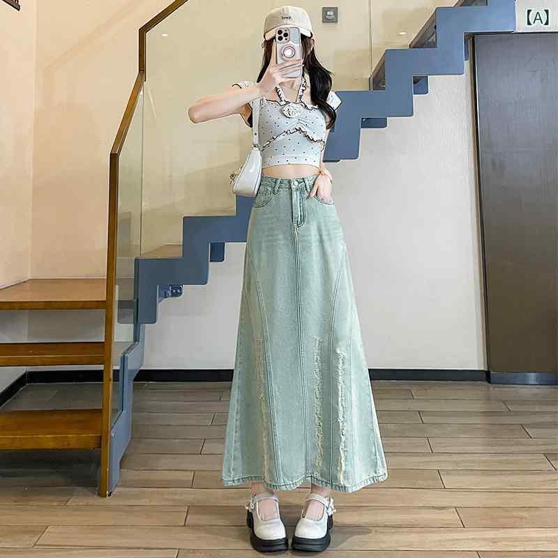 スカート レディース デニム Aライン ミモレ丈 ダメージ加工 スリット入り ハイウエスト 春夏 文芸風 レトロ ブルー XS S M L XL XXL