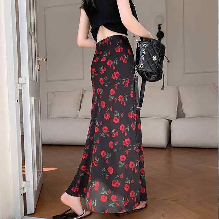 スカート レディース 春夏 Aラインスカート ロングスカート 花柄 ポリエステル 高腰 スリット入り エレガント 通勤 赤