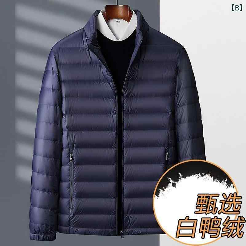 羽绒服 メンズ 男性用 ライトダウンジャケット ショート丈 立襟 撥水 防寒 軽量 ブラック 黒 ネイビー 紺 レッド 赤 ポリエステル 秋冬