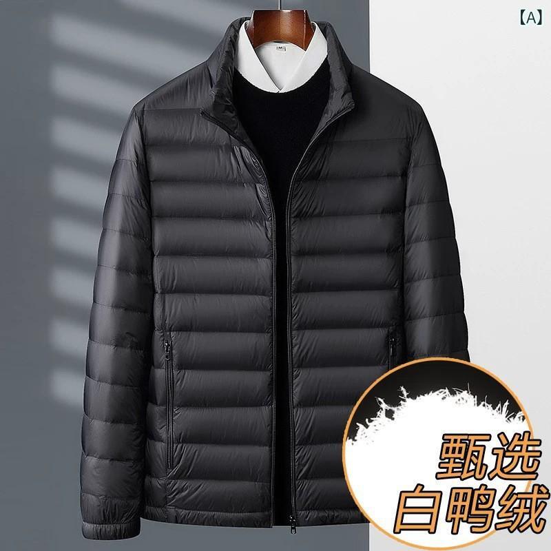 羽绒服 メンズ 男性用 ライトダウンジャケット ショート丈 立襟 撥水 防寒 軽量 ブラック 黒 ネイビー 紺 レッド 赤 ポリエステル 秋冬