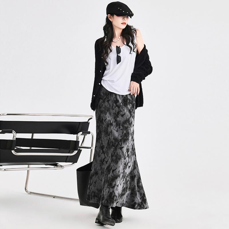 スカート レディース 黒色 レトロ 染め Aライン タイトスカート ミモレ丈スカート ウエストゴム 綿 伸縮性 エレガント 通勤(4)