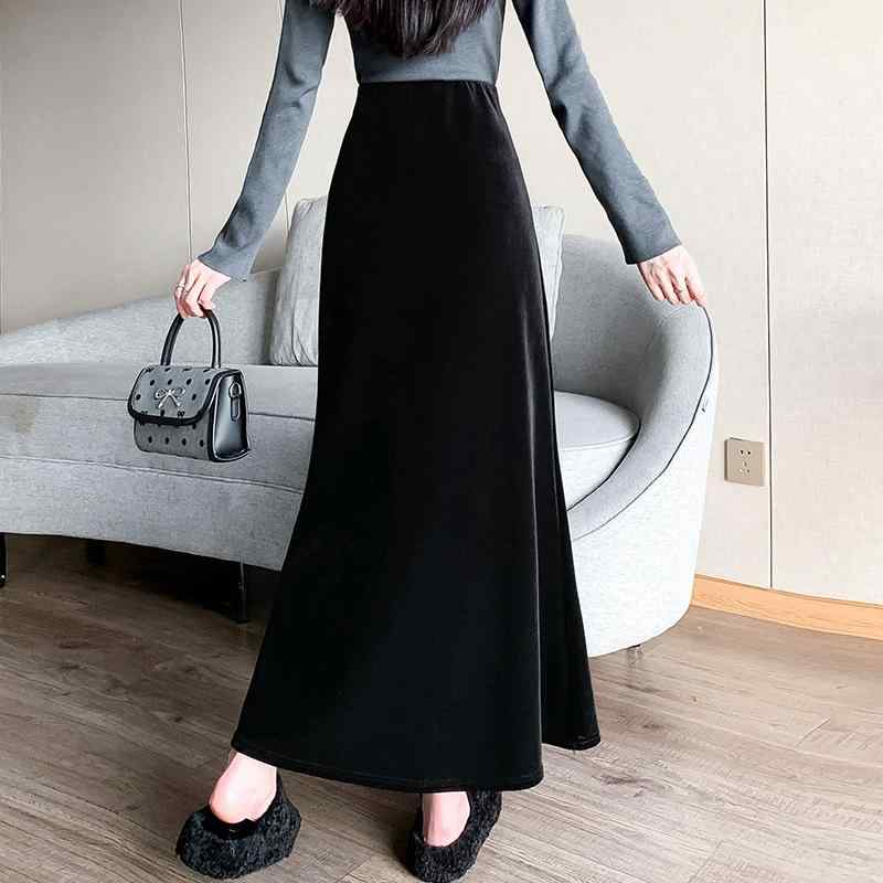 スカート レディース 黒色 ベロア Aライン ロングスカート ハイウエスト ゴムウエスト 着痩せ効果 伸縮性 体型カバー 普段使い 通勤 秋冬