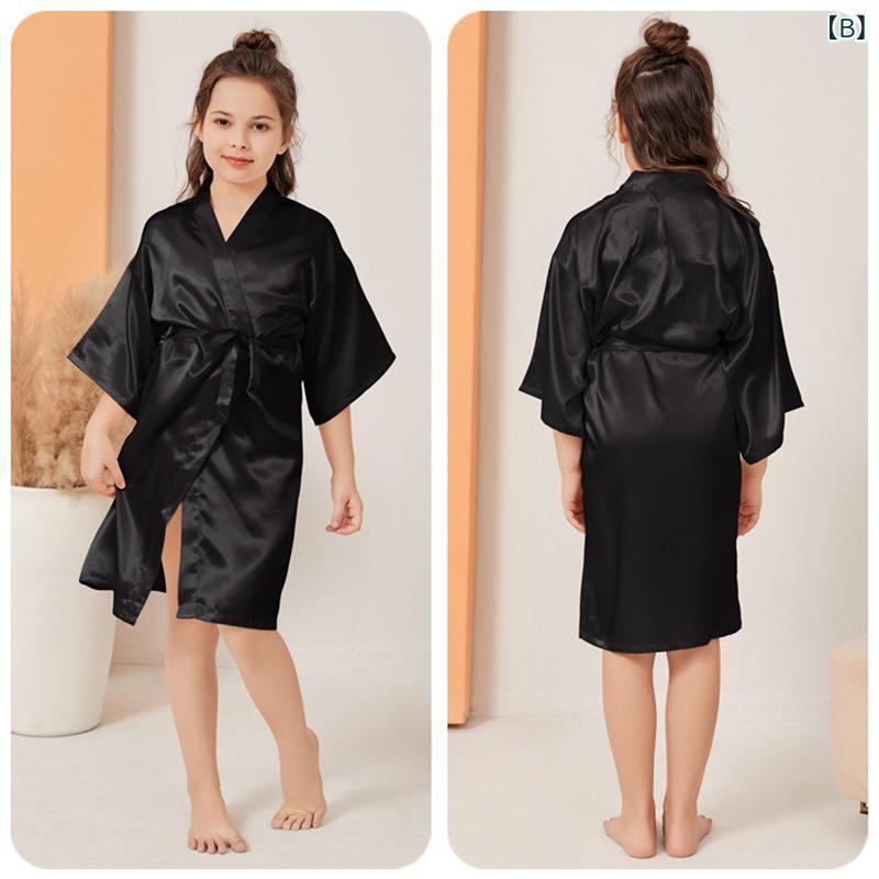 子供用パジャマ サテン シルク風 バスローブ 無地 Vネック 薄手 超薄手 光沢 開襟 羽織り キッズ ガウ..