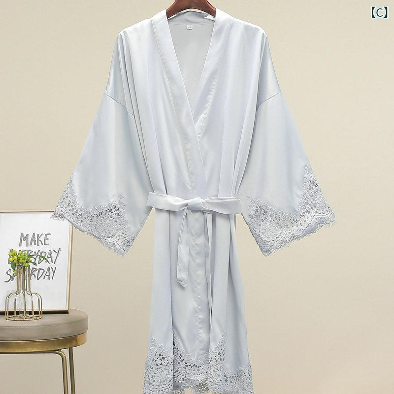 ガウン レディース ブライダル パーティー サテン レース 寝間着 部屋着 春夏 ホワイト ピンク系 ブル..