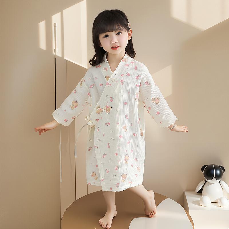 子供用パジャマ 女の子 ベビー キッズ ルームウェア かわいい 長袖 ガーゼ コットン 春秋 厚手 ベージ..