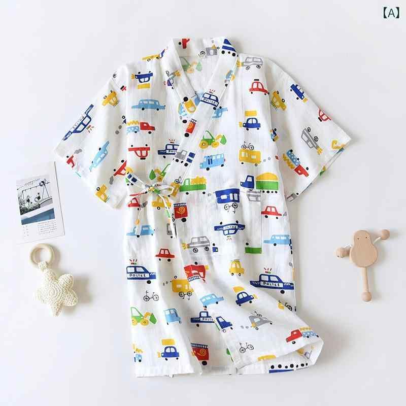 キッズ 寝間着 ルームウェア 和風 カーディガン 綿 半袖 薄手 通気性 小さな車柄 白 青