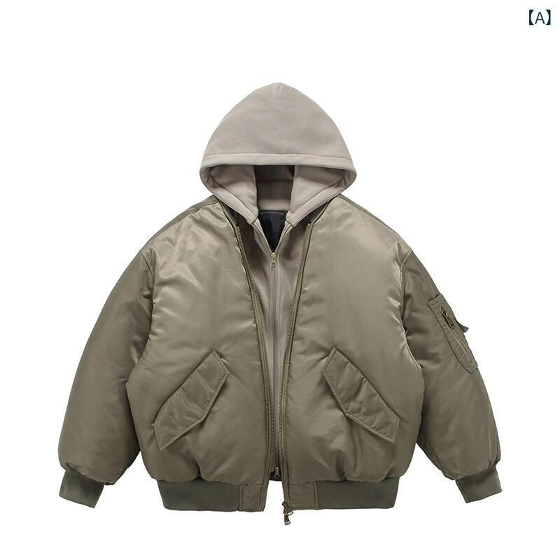 ジャケット メンズ 男性用 フード付き フェイクレイヤード フライトジャケット ジャンパー ブルゾン コットン カーキ色 ブラック 秋冬