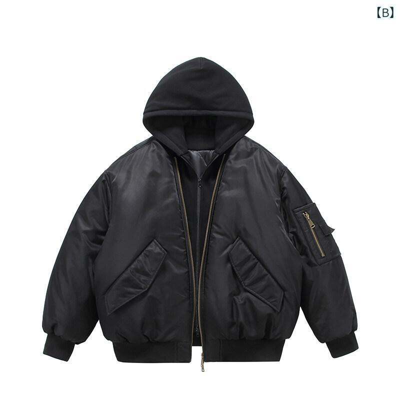 ジャケット メンズ 男性用 フード付き フェイクレイヤード フライトジャケット ジャンパー ブルゾン コットン カーキ色 ブラック 秋冬