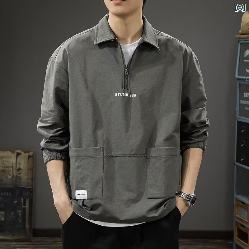 シャツ メンズ 男性用 レトロ スタイル ハーフジップ Polo襟 長袖 トップス 速乾性 ワークウェア風 プルオーバー ジャケット 灰色 ポリエステル 春秋