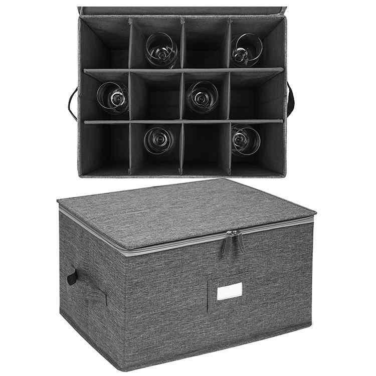 収納ボックス レディース 布製 折りたたみ式 ワイングラス 収納ケース 防塵 フタ付き 大容量 12本 仕切り付き グレー 43 33 27cm リビング 寝室