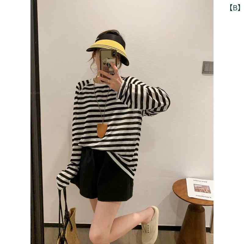 Tシャツ レディース 接触冷感 ストライプ トップス 長袖 ラウンドネック カットソー 紫外線対策 通勤 ゆったり 黄色 ブルー ブラック ピンク系