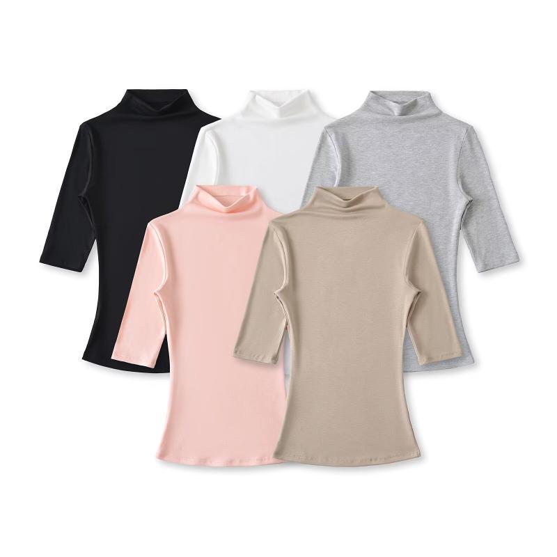 Tシャツ レディース 五分袖 中袖 コットン 半高襟 スリム 伸縮性 トップス カットソー 春夏 カジュアル 韓国風 ベージュ ピンク グレー ホワイト ブラック