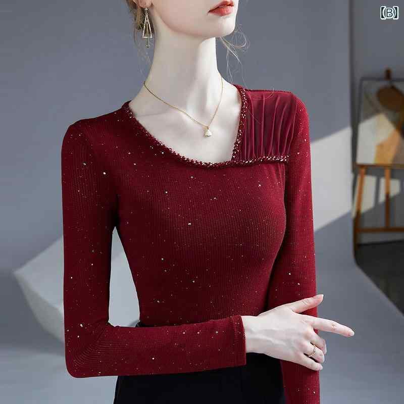 Tシャツ レディース 長袖 斜め襟 チュール トップス ビーズ飾り スリムフィット 黒 ブラック 赤 レッド M L XL 2XL 3XL 春秋 通勤