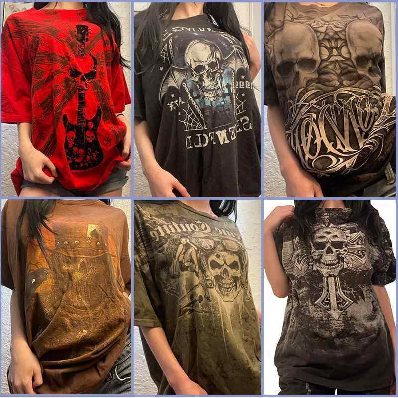 Tシャツ レディース ストリート系 スカルプリント Uネック 半袖 ポリエステル 普段使い トップス ダー..