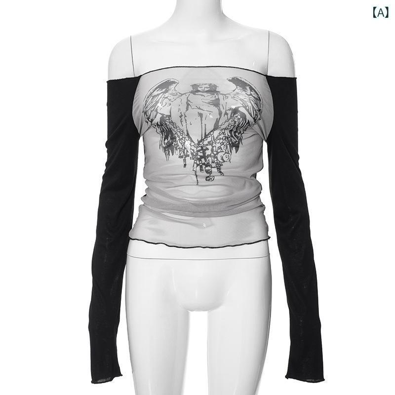 Tシャツ レディース セクシー 長袖 チュール ネット メッシュ 一文字襟 プリント スリムフィット ショート丈 ポリエステル アニメ柄 ブラック ホワイト(4)