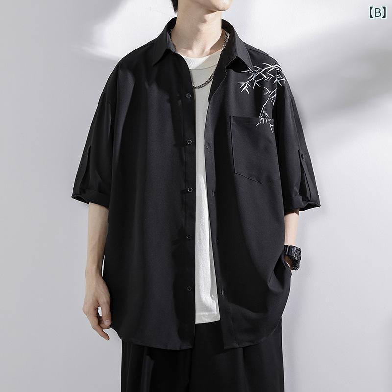 シャツ メンズ 男性用 チャイナ風 トップス 七分袖 コットン混紡 接触冷感 速乾 白 黒