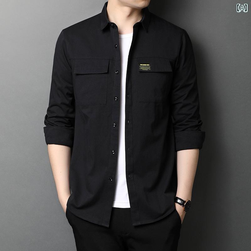 シャツ メンズ 男性用 長袖 コットン ワークシャツ 7分袖 薄手 シャツジャケット スプリングコート カジュアル ブラック グレー グリーン
