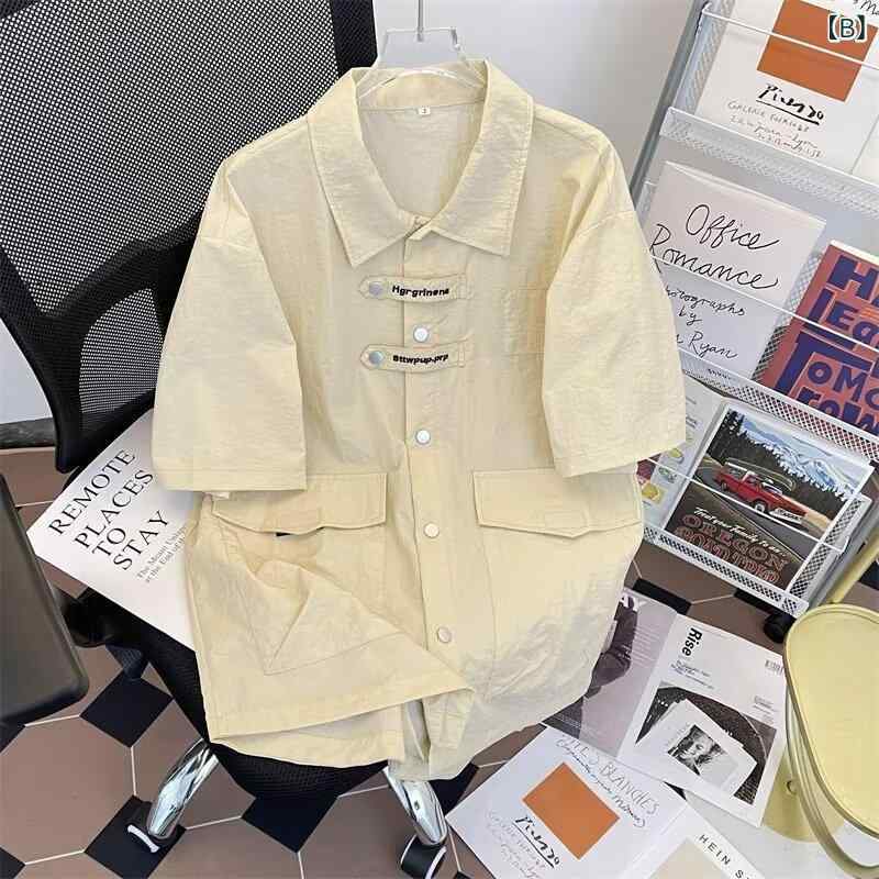 シャツ メンズ 男性用 ワークシャツ 半袖 開襟シャツ 無地 薄手 ルーズフィット カーキ色 黒色 春秋