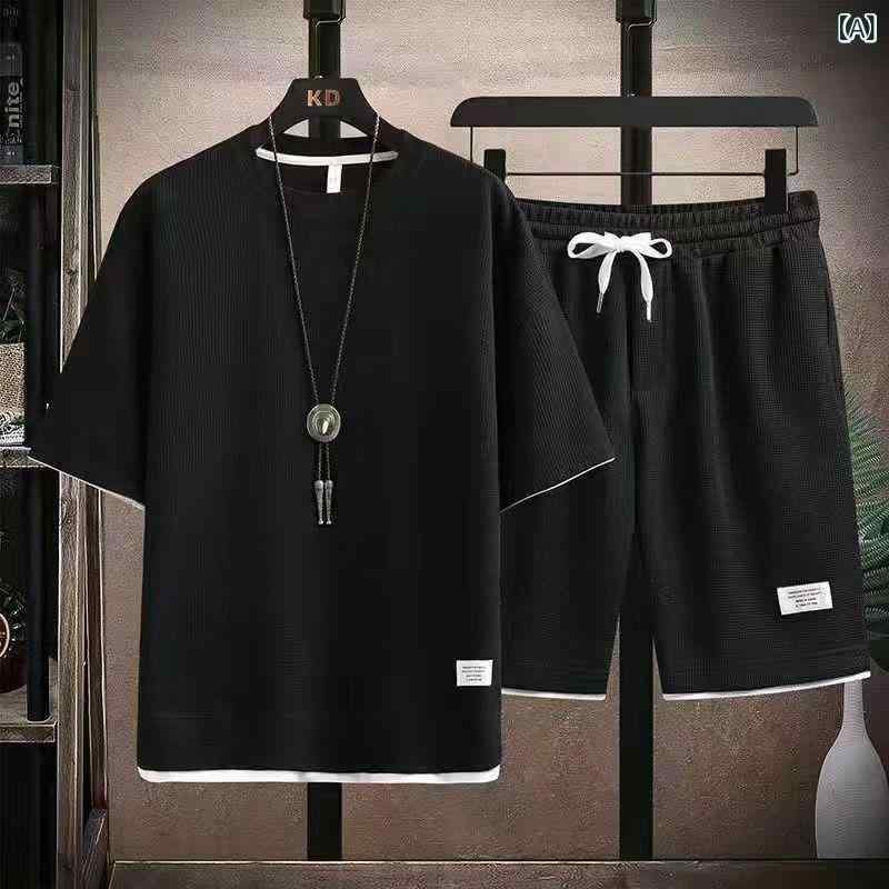 セットアップ メンズ ワッフル 半袖Tシャツ ショートパンツ ハーフパンツ ルームウェア 部屋着 リラックスウェア ブラック ホワイト オレンジ ブルー カーキ グレー ネイビー ポリエステル
