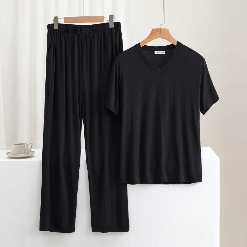 メンズ セットアップ 部屋着 Tシャツ 半袖 長ズボン モダール 綿 薄手 夏 男性用 パジャマ 上下セット ルームウェア 3XL 4XL 5XL 6XL ブラック 鉄灰色 デニムブルー 紺色 コバルトブルー
