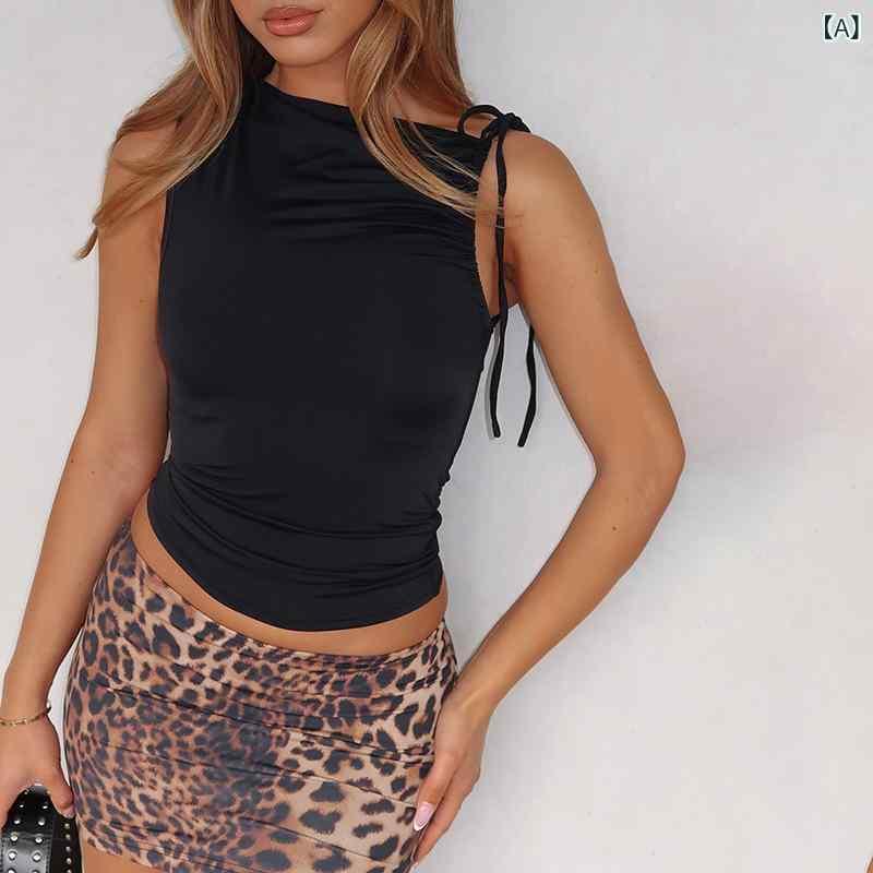 Tシャツ レディース 春夏 ノースリーブ 斜めネック ドローストリング ショート丈 ポリエステル 無地 カットソー トップス ストリート セクシー ブラック ワインレッド イエロー ピンク系 パープル