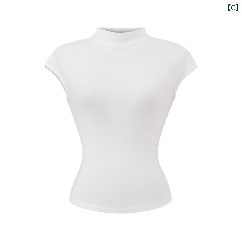 Tシャツ レディース 半袖 綿 半高ネック スリム 無地 ショート丈 赤 黒 白 黄色 ピンク グレー 紺 紫 ..