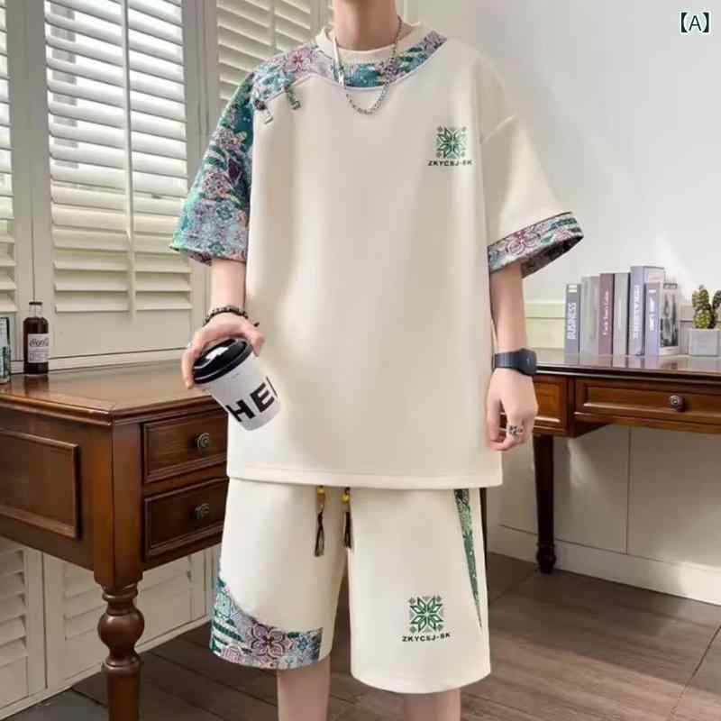 セットアップ メンズ 男性用 民族風 カジュアル 半袖 Tシャツ 短パン 上下セット ポリエステル 薄手 夏 リラックス ベージュ ブラック グリーン