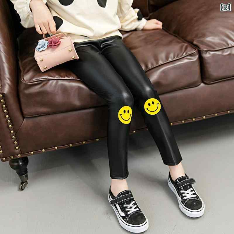 子供服 パンツ 女の子 レザーパンツ スキニーパンツ レギンス 9分丈 春秋 PUレザー 伸縮性 かわいい 黒(x3)