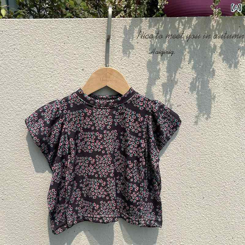 子供用パンツセット 女児 春秋 長袖トップス ズボン 上下3点セット レトロ小花柄 パフスリーブ PUレザー かわいい 80 90cm