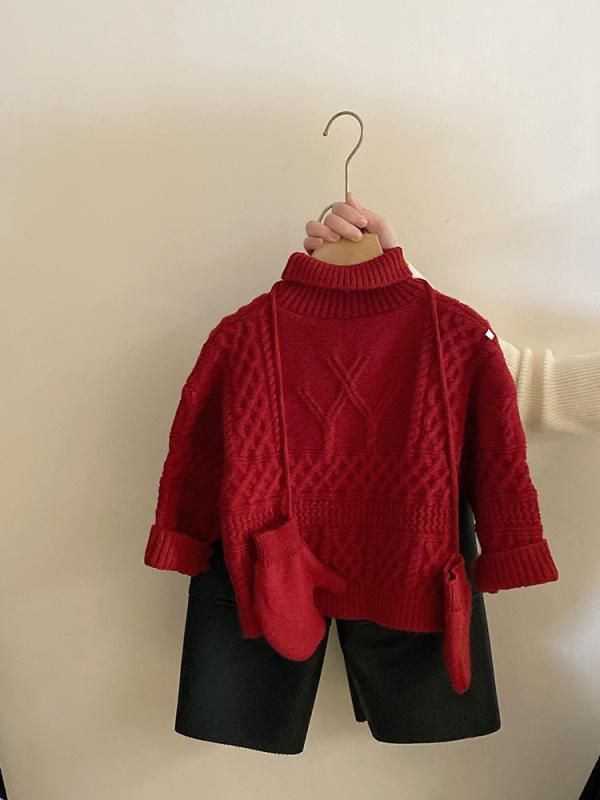 子供服 ニット セーター セットアップ 秋冬 女の子 高襟 ケーブル編み トップス レザー風 パンツ 上下セット 厚手 防寒 100 110 120 130 140cm