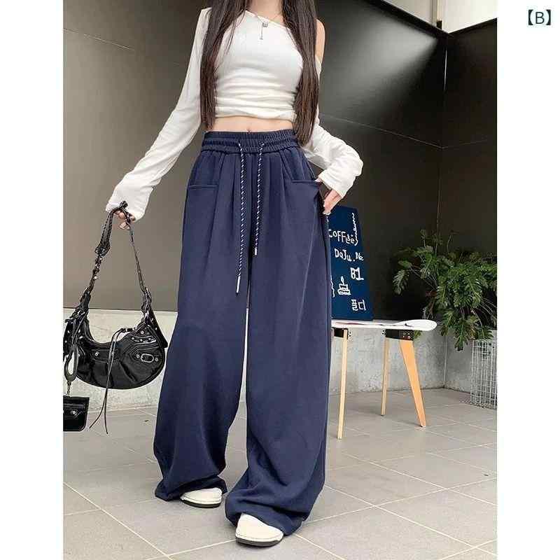 パンツ レディース 灰色 リラックス イージーパンツ ワイドレッグ ストレート 高腰 フルレングス ポリエステル混紡 ジャージ ポケット付き スポーティ ルームウェア