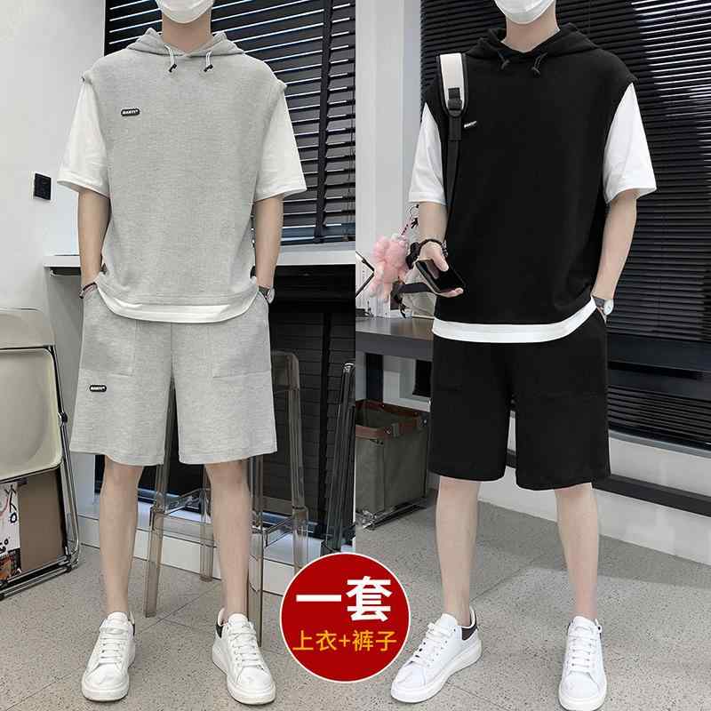 メンズ 夏用 カジュアル セットアップ 半袖 Tシャツ ショートパンツ 薄手 部屋着 韓国風 グレー ブラック ポリエステル