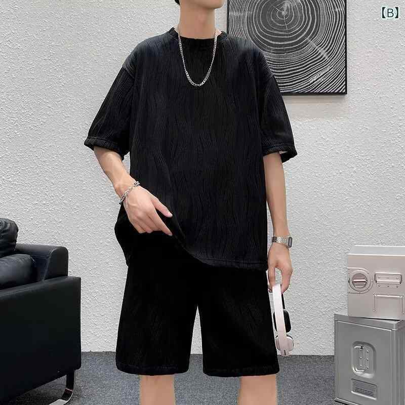 スポーツウェア メンズ 半袖Tシャツ ショートパンツ 上下セット 韓国風 カジュアル 普段使い ポリエステル ホワイト ブラック