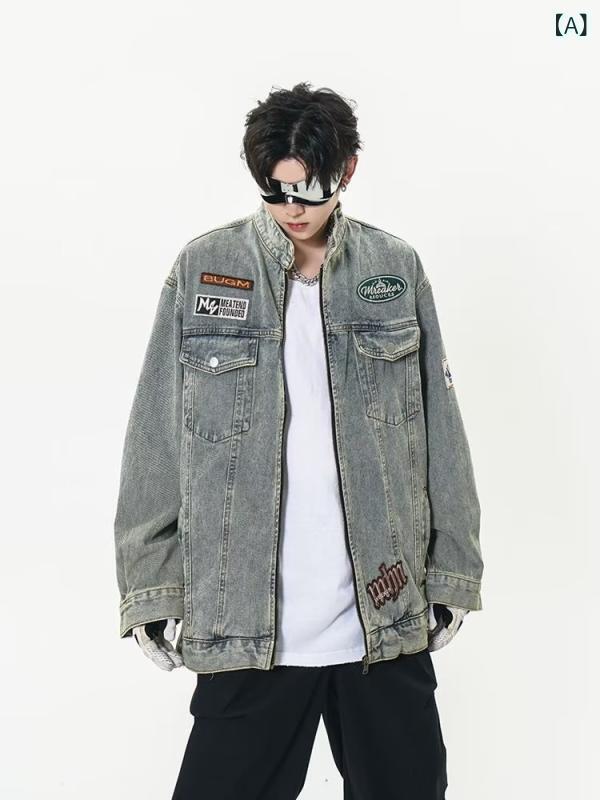 デニムジャケット メンズ Gジャン ウォッシュ加工 レトロ 刺繍 ルーズフィット スタンドカラー ブルゾン アウター 春 スプリングコート カジュアルスタイル