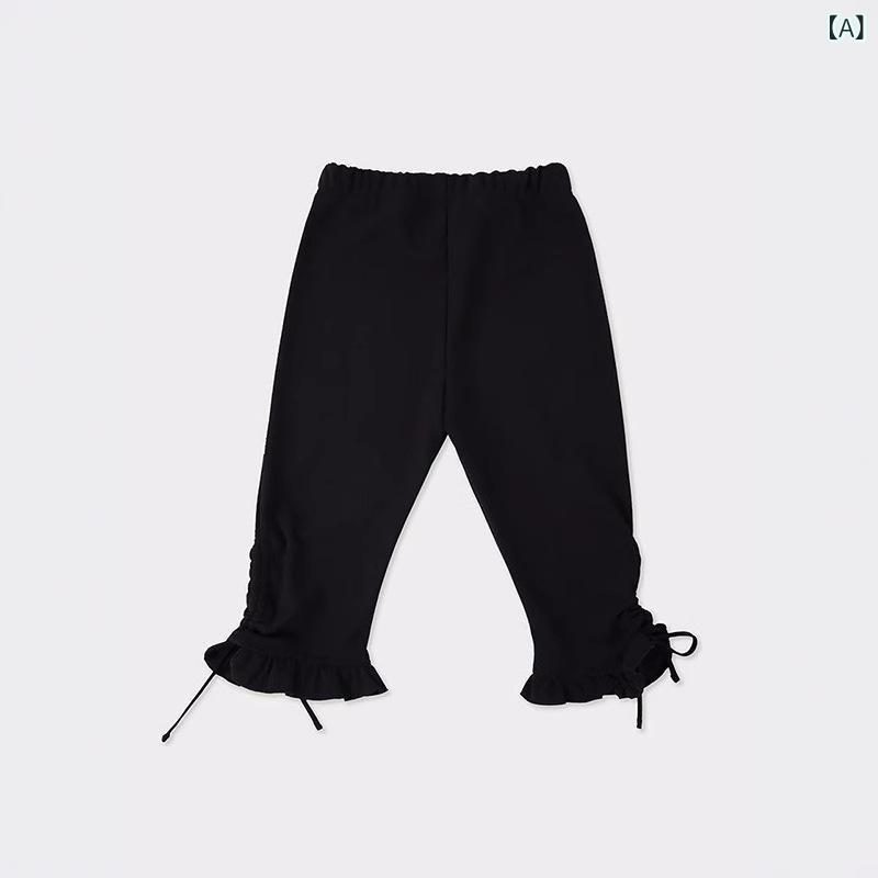 レギンス レディース ポリエステル スパッツ 伸縮性 ウエストゴム 木耳フリル 5分丈 ミドル丈 日韓スタイル カジュアル ブラック