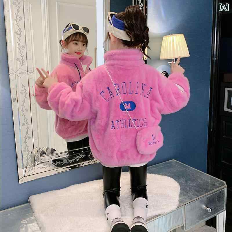 子供服 アウター ガールズ 秋冬 コート 中綿 暖かい ジャンパー 子供用 フェイクファー モコモコ 韓国風 刺繍 バッグ付き ピンク グリーン系 中綿入り 厚手