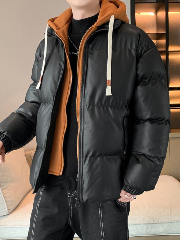 綿入りジャケット メンズ フード付き 防寒着 ワークウェア風 カジュアル フェイクレイヤード 無地 ポリエステル 秋冬 ホワイト ブラック