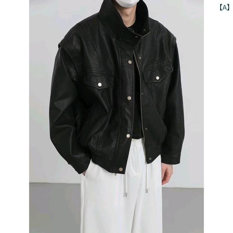 ジャケット 男性用 PUレザー バイク 春秋 美式 カジュアル ゆったり 高級感 黒 M L XL 2XL